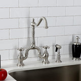 English Country KS7758AXBS Two-Handle 3-Hole Deck Mount Bridge Kitchen Faucet with Brass Sprayer, Brushed Nickel