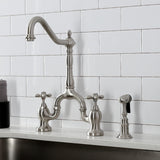 English Country KS7758AXBS Two-Handle 3-Hole Deck Mount Bridge Kitchen Faucet with Brass Sprayer, Brushed Nickel