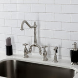 English Country KS7758AXBS Two-Handle 3-Hole Deck Mount Bridge Kitchen Faucet with Brass Sprayer, Brushed Nickel