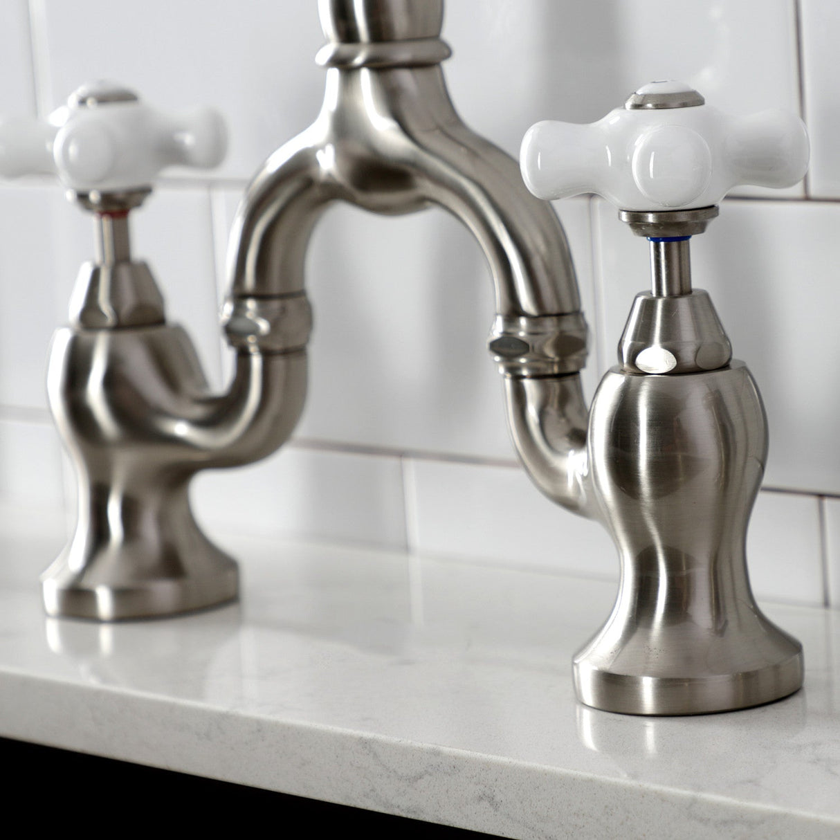 English Country KS7758PXBS Two-Handle 3-Hole Deck Mount Bridge Kitchen Faucet with Brass Sprayer, Brushed Nickel