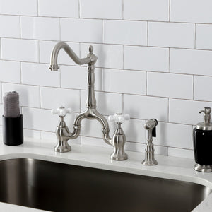English Country KS7758PXBS Two-Handle 3-Hole Deck Mount Bridge Kitchen Faucet with Brass Sprayer, Brushed Nickel