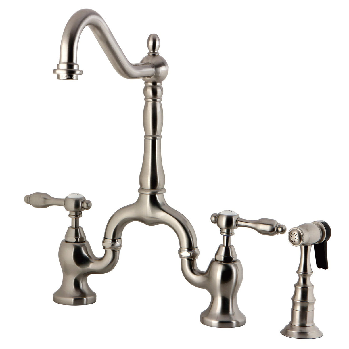 Tudor KS7758TALBS Two-Handle 3-Hole Deck Mount Bridge Kitchen Faucet with Brass Sprayer, Brushed Nickel