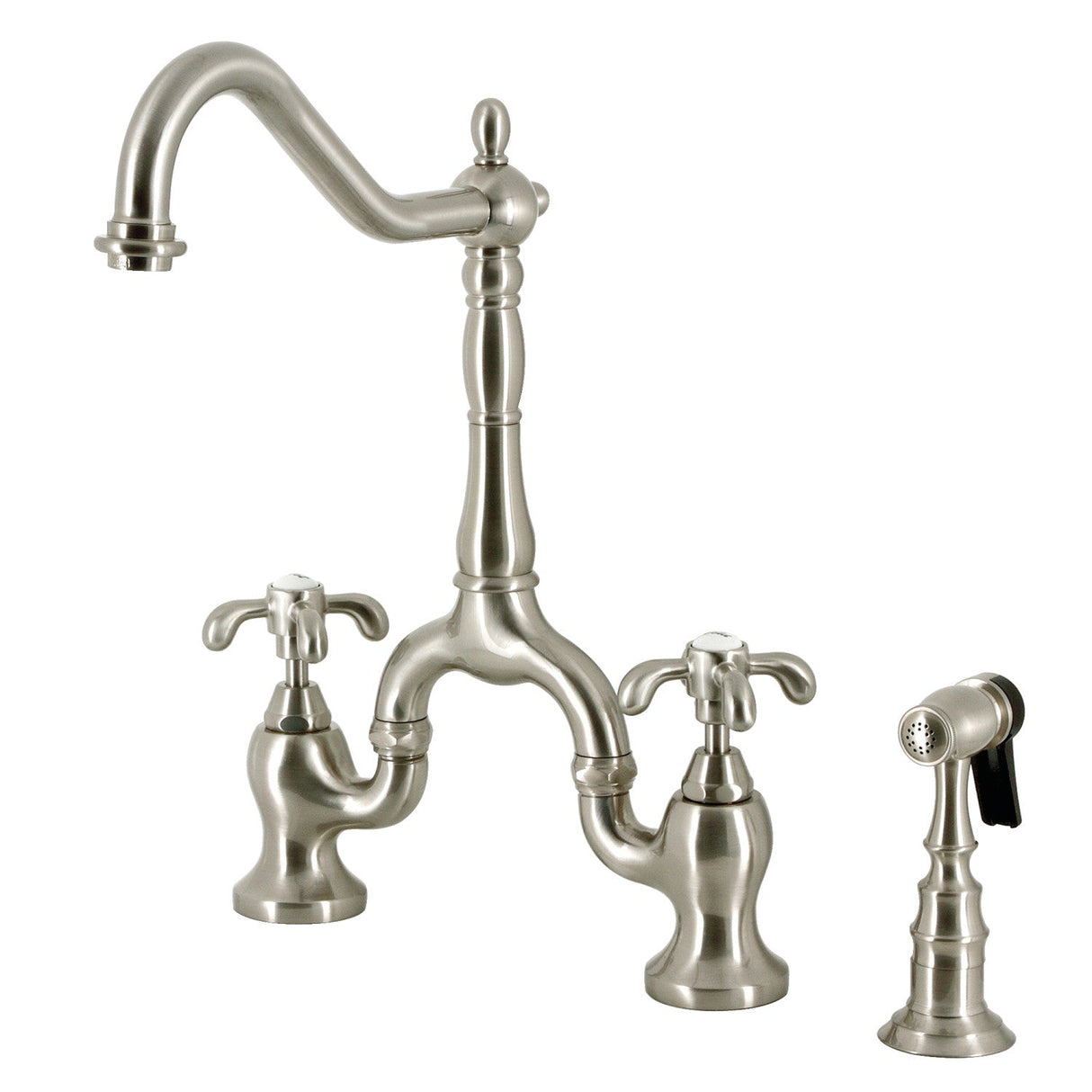 French Country KS7758TXBS Two-Handle 3-Hole Deck Mount Bridge Kitchen Faucet with Brass Sprayer, Brushed Nickel