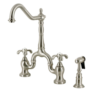 French Country KS7758TXBS Two-Handle 3-Hole Deck Mount Bridge Kitchen Faucet with Brass Sprayer, Brushed Nickel