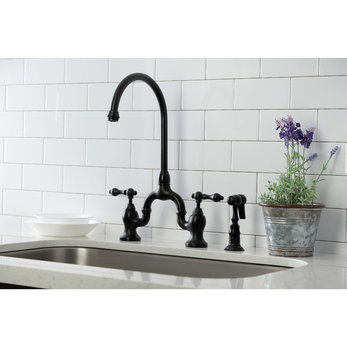 English Country KS7790ALBS Deck Mount Bridge Kitchen Faucet with Brass Sprayer, Matte Black