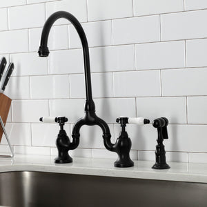 Bel-Air KS7790BPLBS Two-Handle 3-Hole Deck Mount Bridge Kitchen Faucet with Brass Sprayer, Matte Black