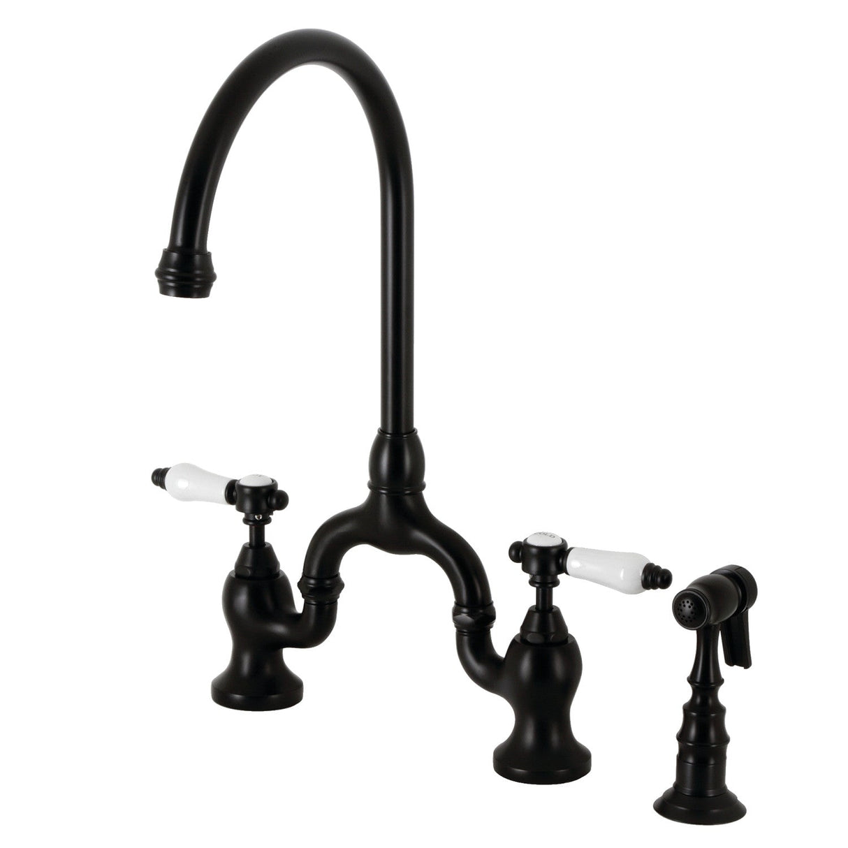 Bel-Air KS7790BPLBS Two-Handle 3-Hole Deck Mount Bridge Kitchen Faucet with Brass Sprayer, Matte Black