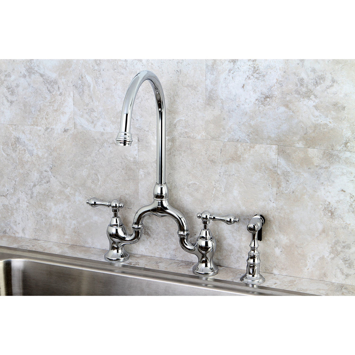 English Country KS7791ALBS Two-Handle 3-Hole Deck Mount Bridge Kitchen Faucet with Brass Sprayer, Polished Chrome