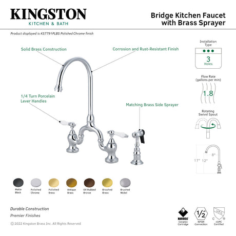 English Country KS7791PLBS Two-Handle 3-Hole Deck Mount Bridge Kitchen Faucet with Brass Sprayer, Polished Chrome