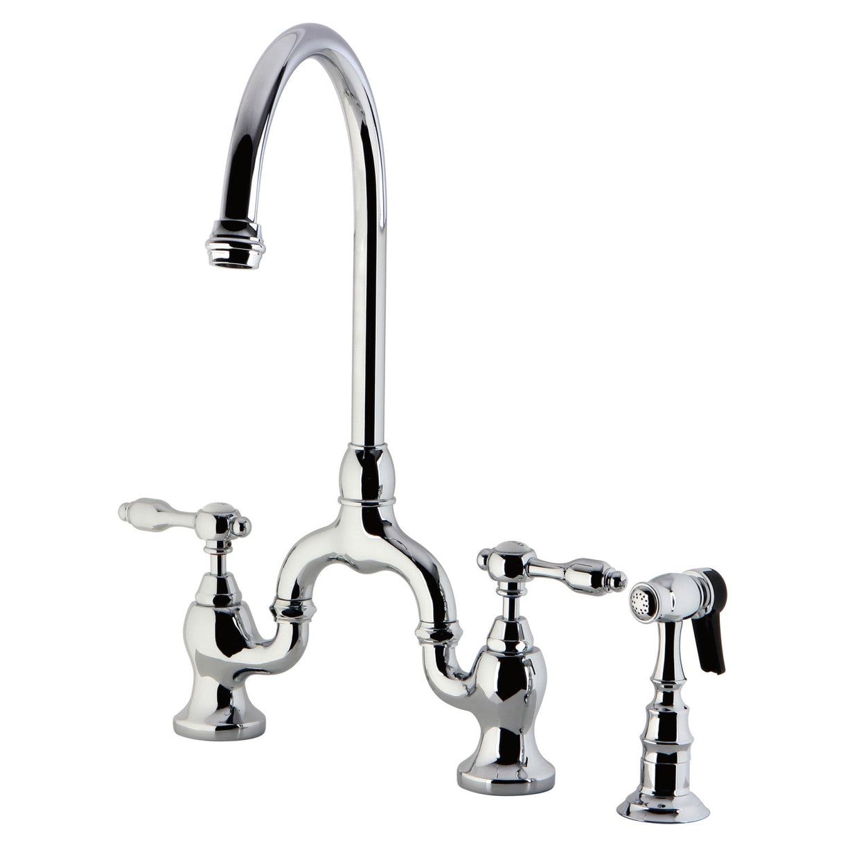 Tudor KS7791TALBS Two-Handle 3-Hole Deck Mount Bridge Kitchen Faucet with Brass Sprayer, Polished Chrome