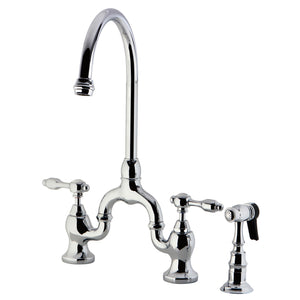 Tudor KS7791TALBS Two-Handle 3-Hole Deck Mount Bridge Kitchen Faucet with Brass Sprayer, Polished Chrome