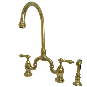 English Country KS7792ALBS Two-Handle 3-Hole Deck Mount Bridge Kitchen Faucet with Brass Sprayer, Polished Brass