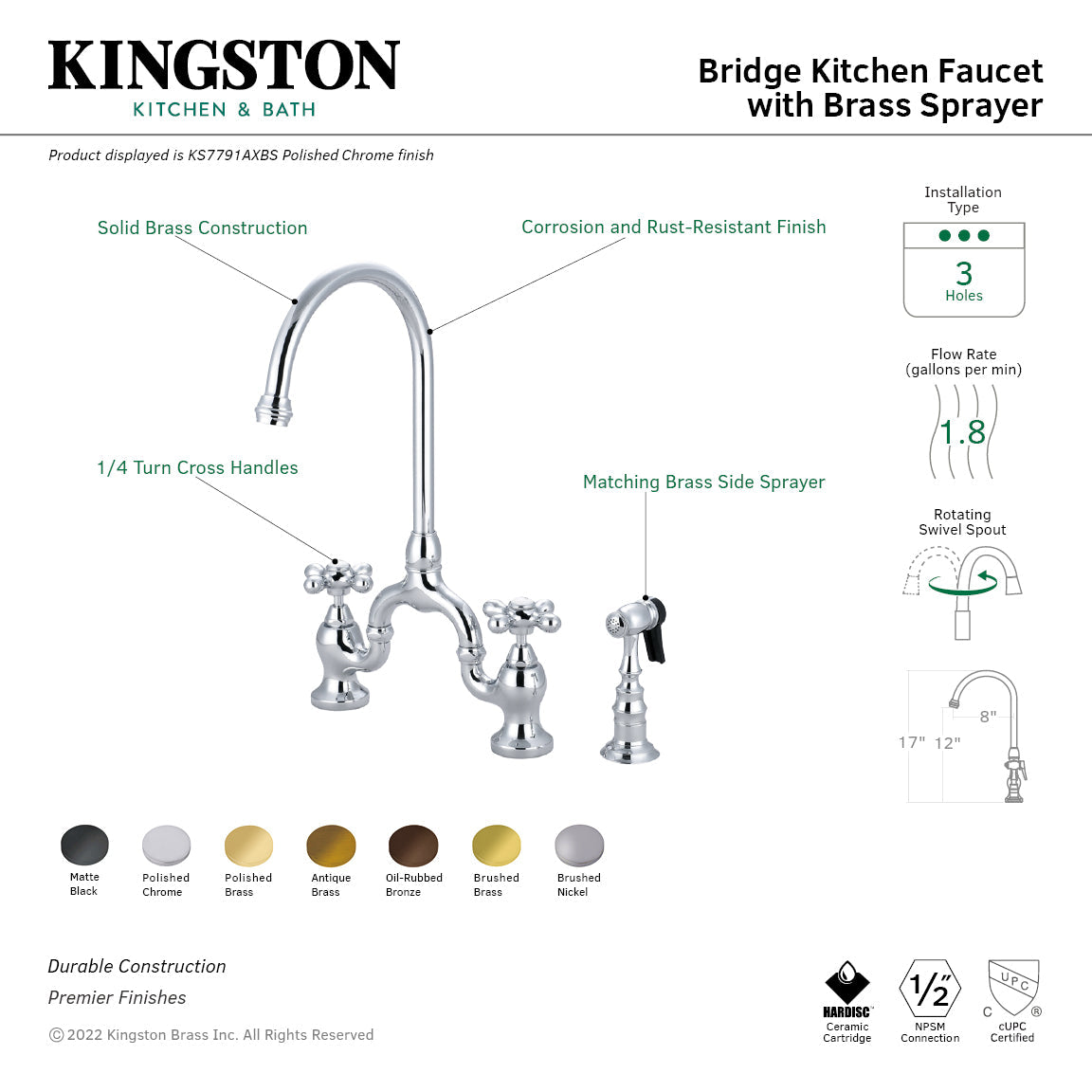 English Country KS7792AXBS Two-Handle 3-Hole Deck Mount Bridge Kitchen Faucet with Brass Sprayer, Polished Brass