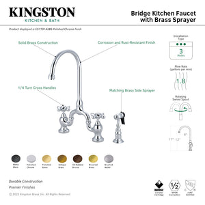 English Country KS7792AXBS Two-Handle 3-Hole Deck Mount Bridge Kitchen Faucet with Brass Sprayer, Polished Brass