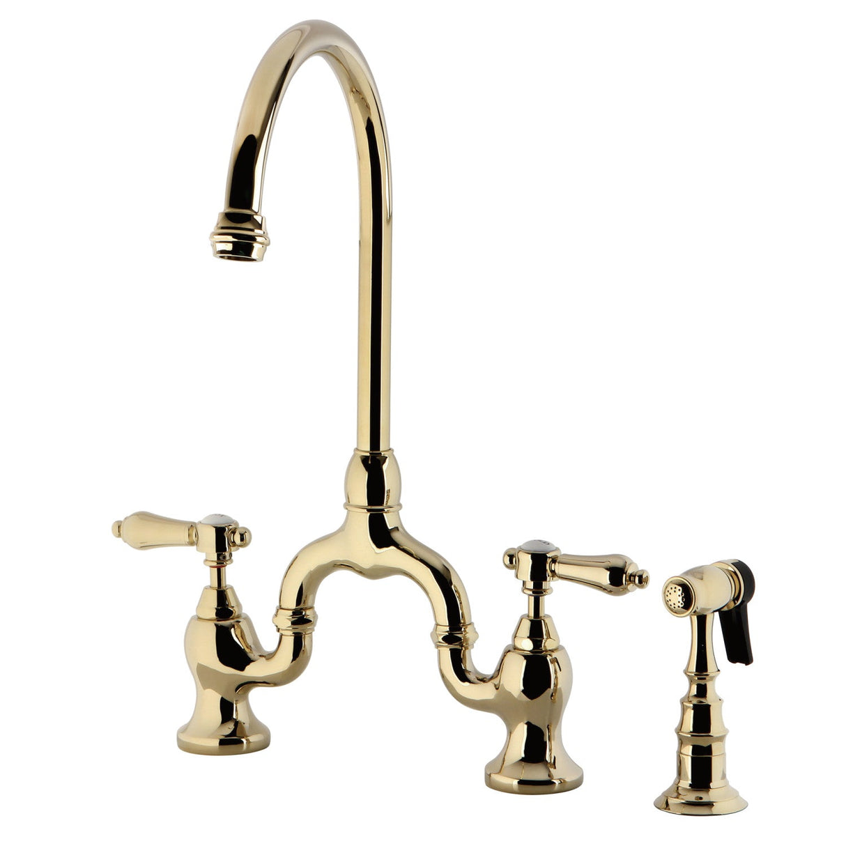 Heirloom KS7792BALBS Two-Handle 3-Hole Deck Mount Bridge Kitchen Faucet with Brass Sprayer, Polished Brass