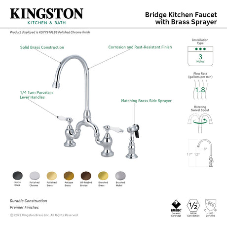 English Country KS7792PLBS Two-Handle 3-Hole Deck Mount Bridge Kitchen Faucet with Brass Sprayer, Polished Brass