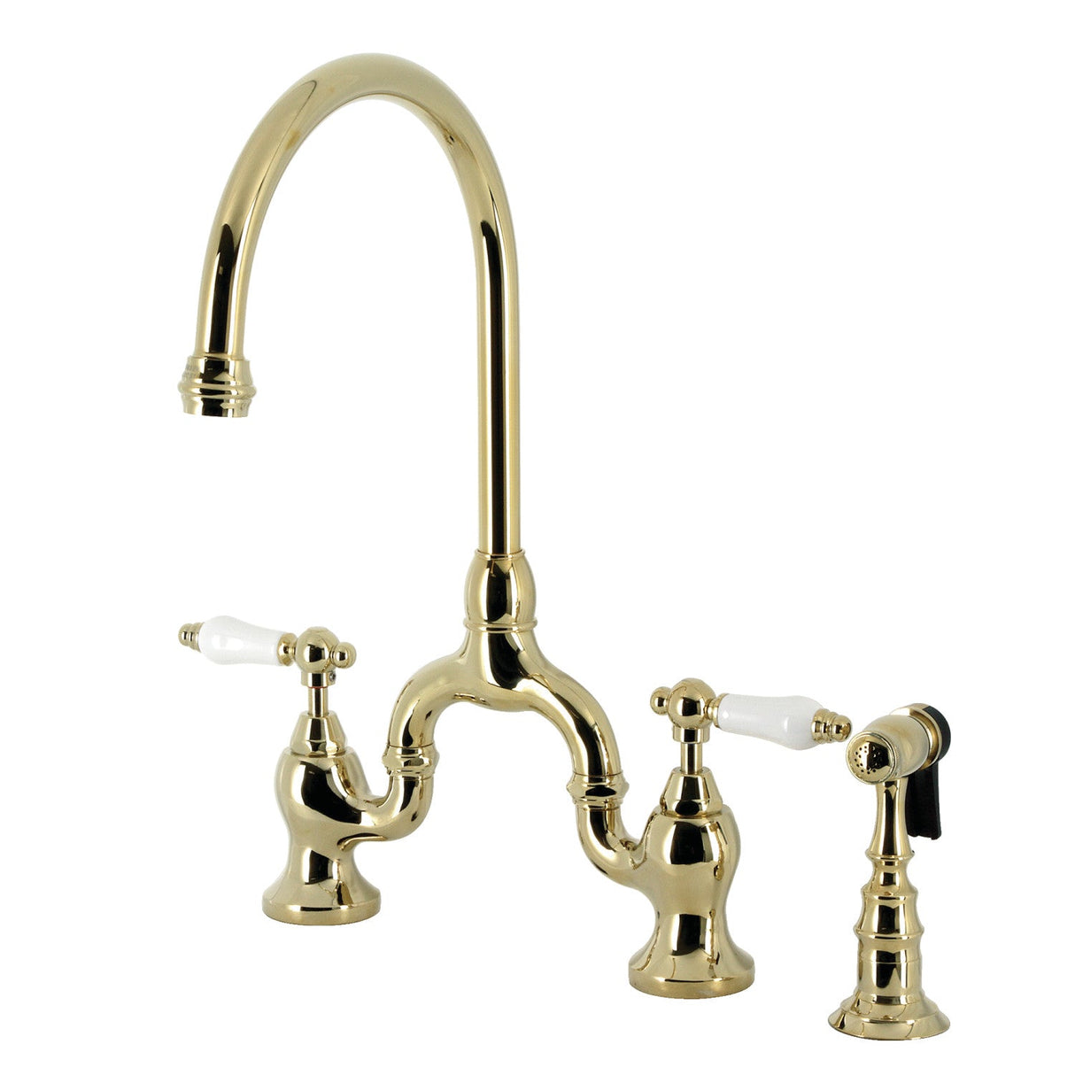 English Country KS7792PLBS Two-Handle 3-Hole Deck Mount Bridge Kitchen Faucet with Brass Sprayer, Polished Brass