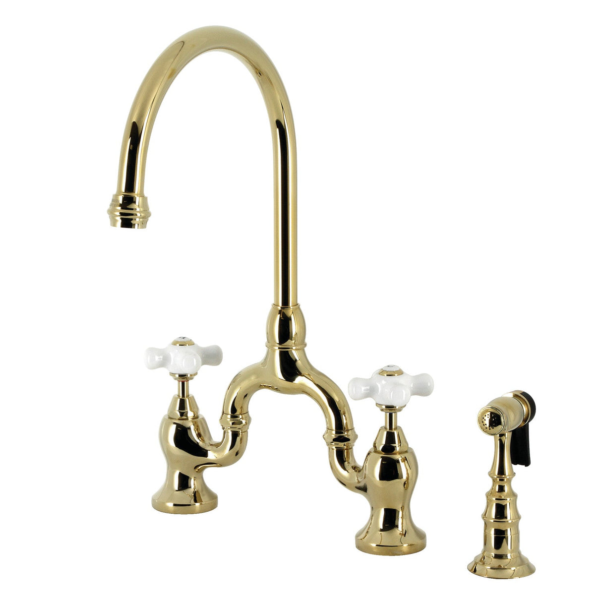 English Country KS7792PXBS Two-Handle 3-Hole Deck Mount Bridge Kitchen Faucet with Brass Sprayer, Polished Brass