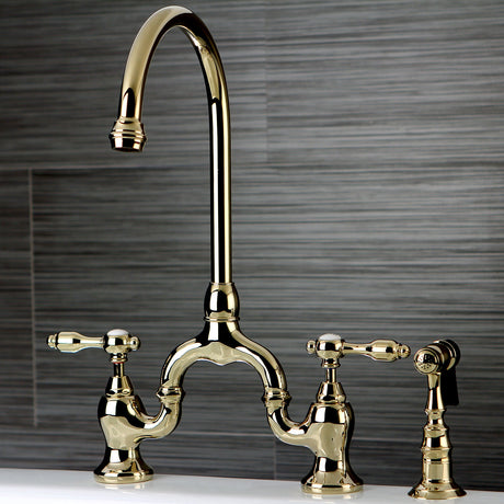 Tudor KS7792TALBS Two-Handle 3-Hole Deck Mount Bridge Kitchen Faucet with Brass Sprayer, Polished Brass