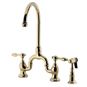 Tudor KS7792TALBS Two-Handle 3-Hole Deck Mount Bridge Kitchen Faucet with Brass Sprayer, Polished Brass