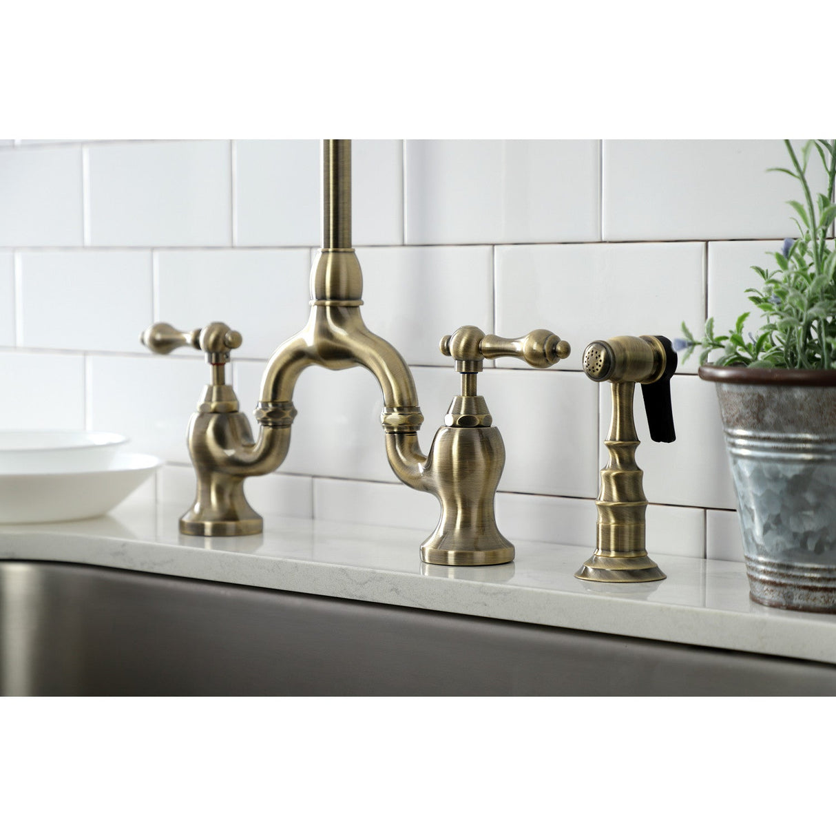 English Country KS7793ALBS Deck Mount Bridge Kitchen Faucet with Brass Sprayer, Antique Brass