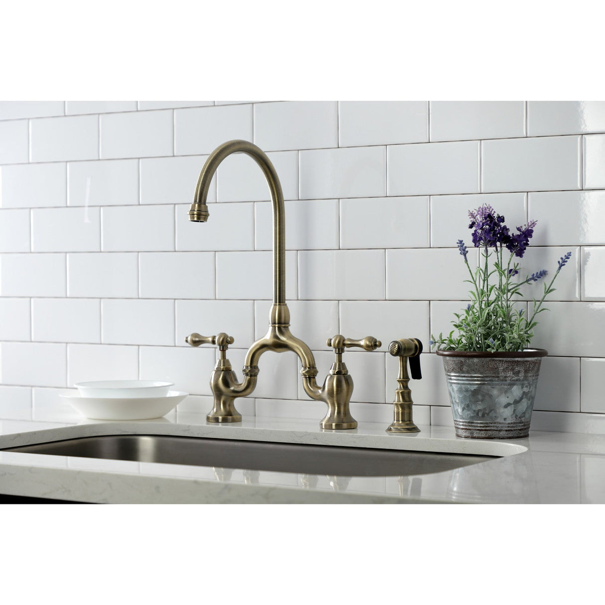 English Country KS7793ALBS Deck Mount Bridge Kitchen Faucet with Brass Sprayer, Antique Brass