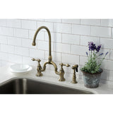 English Country KS7793ALBS Deck Mount Bridge Kitchen Faucet with Brass Sprayer, Antique Brass