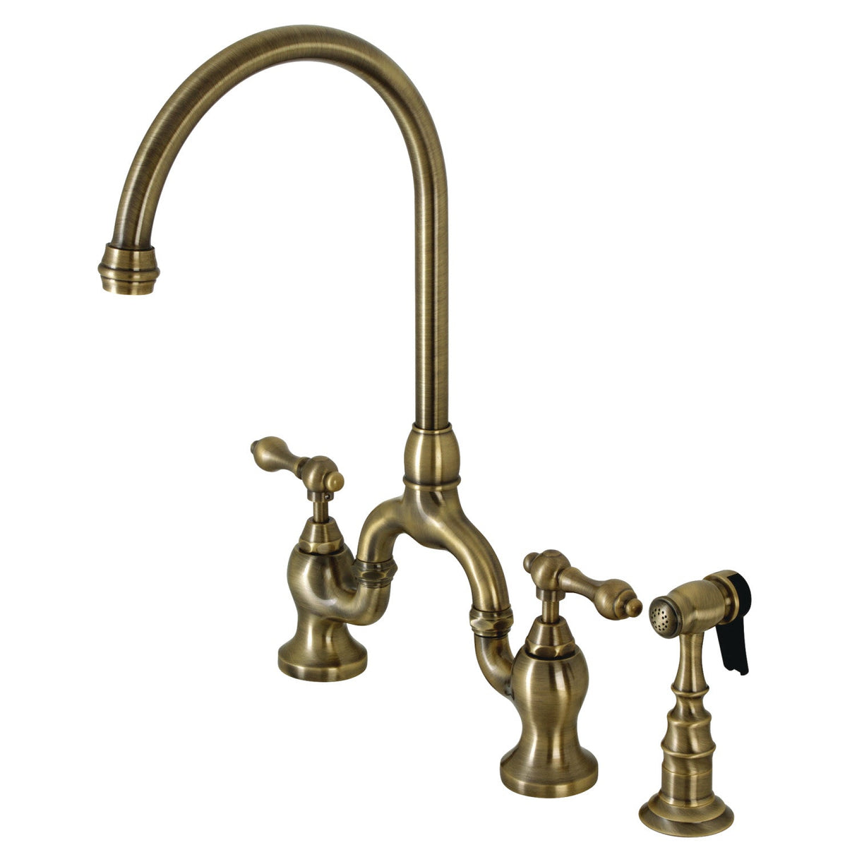 English Country KS7793ALBS Deck Mount Bridge Kitchen Faucet with Brass Sprayer, Antique Brass