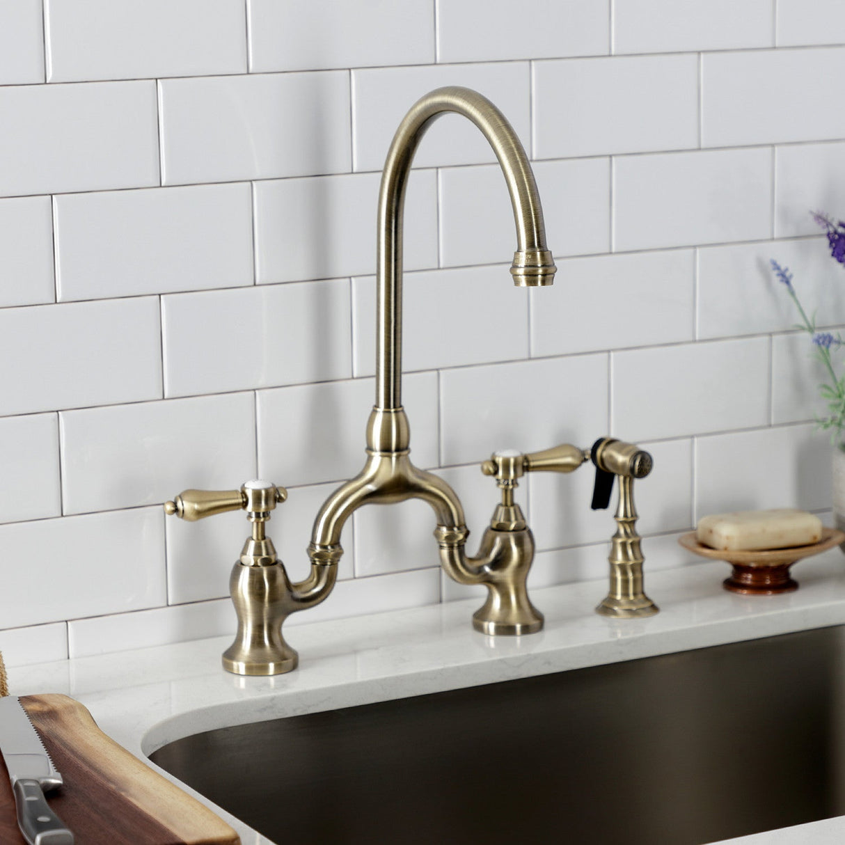 Heirloom KS7793BALBS Two-Handle 3-Hole Deck Mount Bridge Kitchen Faucet with Brass Sprayer, Antique Brass