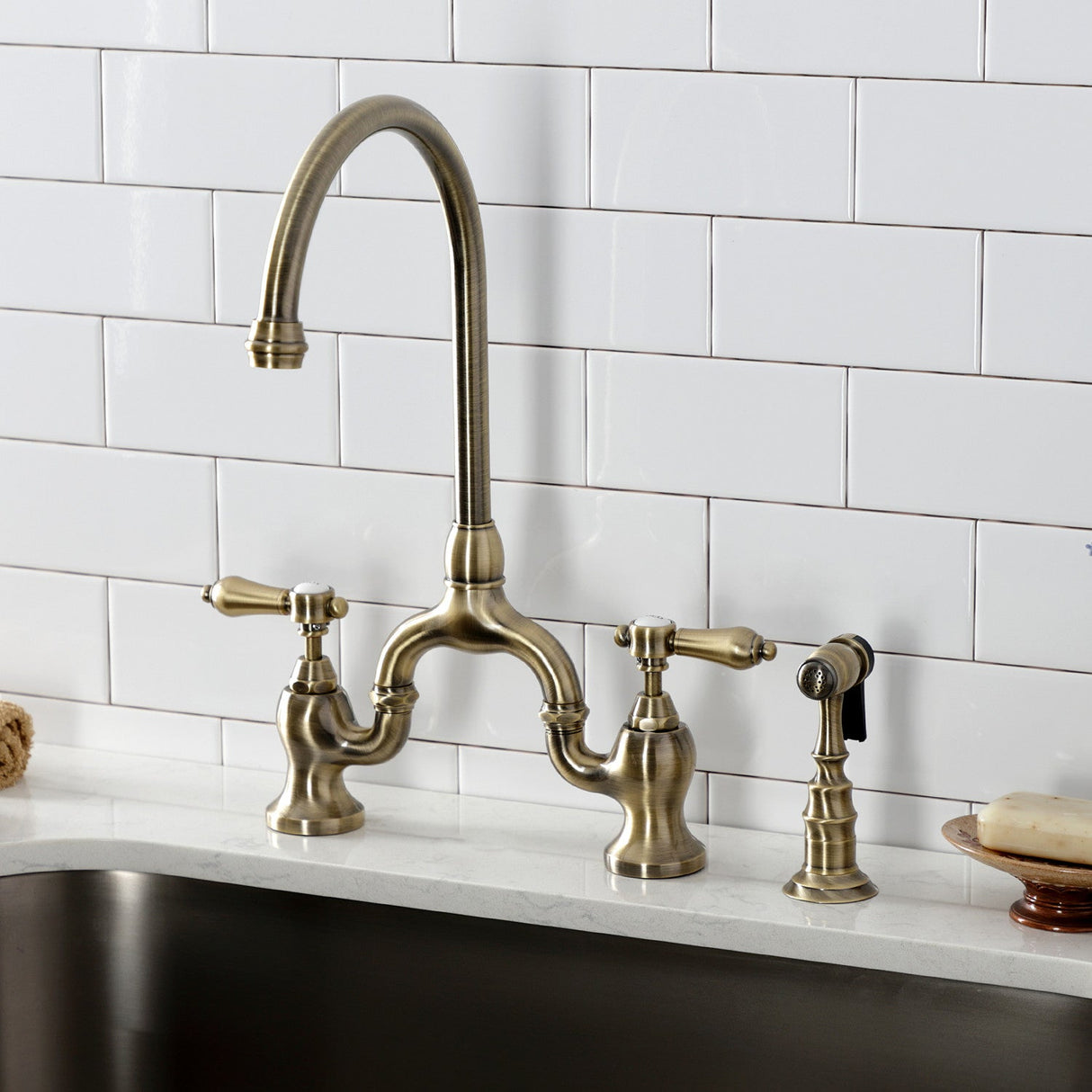 Heirloom KS7793BALBS Two-Handle 3-Hole Deck Mount Bridge Kitchen Faucet with Brass Sprayer, Antique Brass