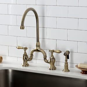 Heirloom KS7793BALBS Two-Handle 3-Hole Deck Mount Bridge Kitchen Faucet with Brass Sprayer, Antique Brass