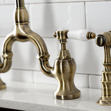 Bel-Air KS7793BPLBS Two-Handle 3-Hole Deck Mount Bridge Kitchen Faucet with Brass Sprayer, Antique Brass