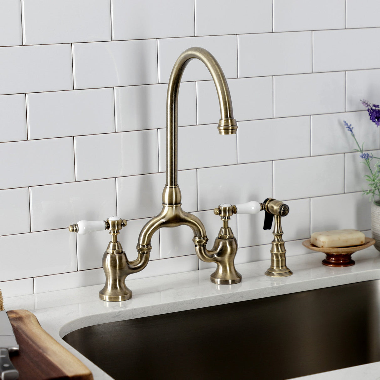 Bel-Air KS7793BPLBS Two-Handle 3-Hole Deck Mount Bridge Kitchen Faucet with Brass Sprayer, Antique Brass