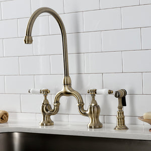 Bel-Air KS7793BPLBS Two-Handle 3-Hole Deck Mount Bridge Kitchen Faucet with Brass Sprayer, Antique Brass