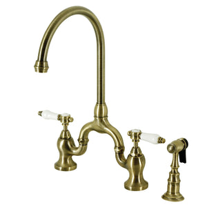 Bel-Air KS7793BPLBS Two-Handle 3-Hole Deck Mount Bridge Kitchen Faucet with Brass Sprayer, Antique Brass