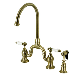 English Country KS7793PLBS Two-Handle 3-Hole Deck Mount Bridge Kitchen Faucet with Brass Sprayer, Antique Brass