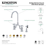 French Country KS7793TXBS Two-Handle 3-Hole Deck Mount Bridge Kitchen Faucet with Brass Sprayer, Antique Brass