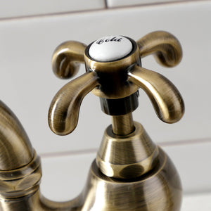 French Country KS7793TXBS Two-Handle 3-Hole Deck Mount Bridge Kitchen Faucet with Brass Sprayer, Antique Brass