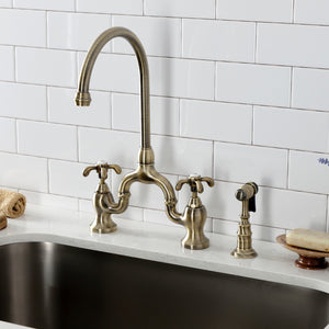French Country KS7793TXBS Two-Handle 3-Hole Deck Mount Bridge Kitchen Faucet with Brass Sprayer, Antique Brass