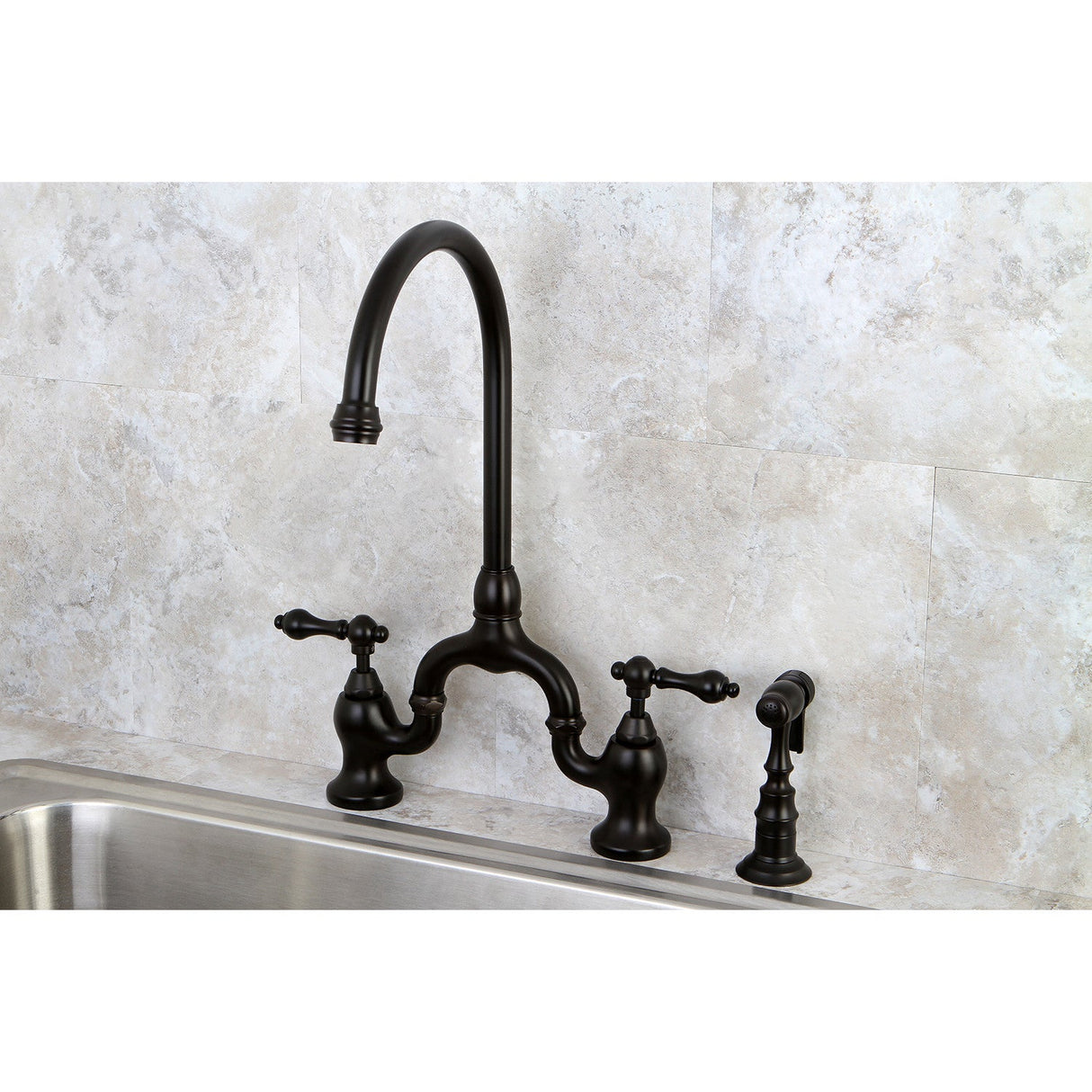 English Country KS7795ALBS Two-Handle 3-Hole Deck Mount Bridge Kitchen Faucet with Brass Sprayer, Oil Rubbed Bronze