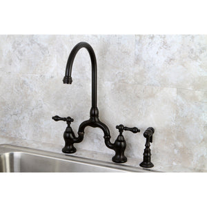 English Country KS7795ALBS Two-Handle 3-Hole Deck Mount Bridge Kitchen Faucet with Brass Sprayer, Oil Rubbed Bronze