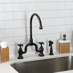 English Country KS7795AXBS Two-Handle 3-Hole Deck Mount Bridge Kitchen Faucet with Brass Sprayer, Oil Rubbed Bronze