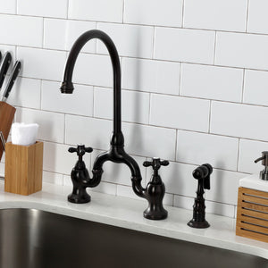 English Country KS7795AXBS Two-Handle 3-Hole Deck Mount Bridge Kitchen Faucet with Brass Sprayer, Oil Rubbed Bronze