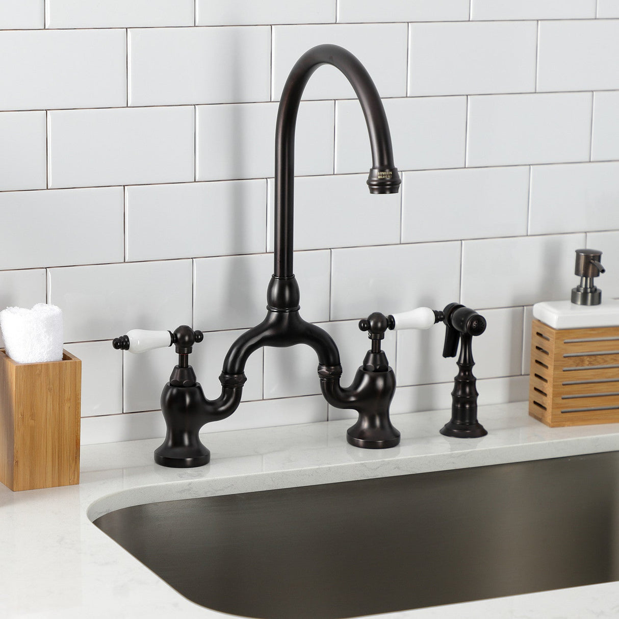 English Country KS7795PLBS Two-Handle 3-Hole Deck Mount Bridge Kitchen Faucet with Brass Sprayer, Oil Rubbed Bronze