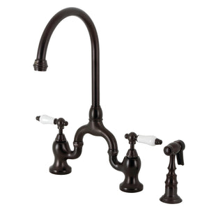 English Country KS7795PLBS Two-Handle 3-Hole Deck Mount Bridge Kitchen Faucet with Brass Sprayer, Oil Rubbed Bronze