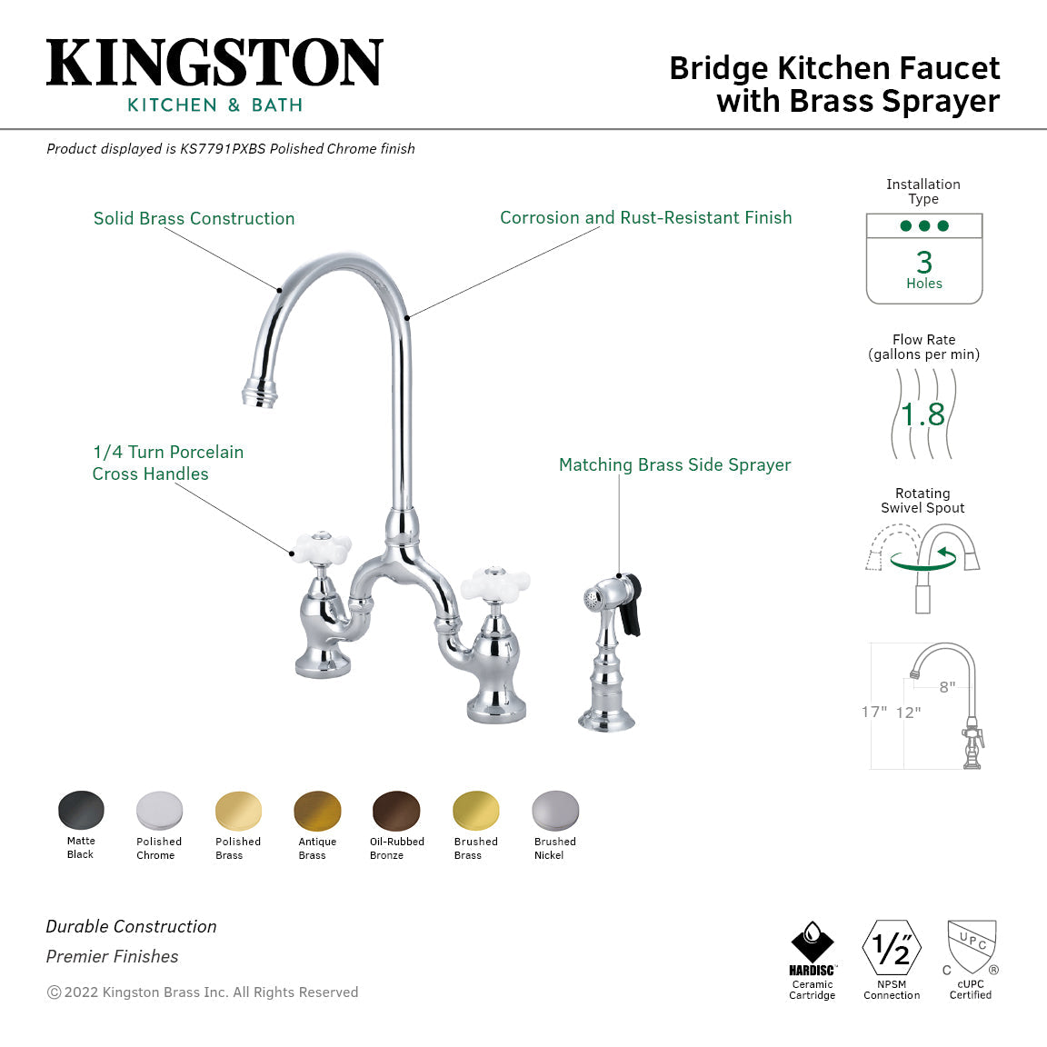 English Country KS7795PXBS Two-Handle 3-Hole Deck Mount Bridge Kitchen Faucet with Brass Sprayer, Oil Rubbed Bronze