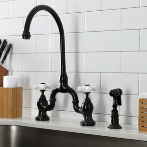 English Country KS7795PXBS Two-Handle 3-Hole Deck Mount Bridge Kitchen Faucet with Brass Sprayer, Oil Rubbed Bronze