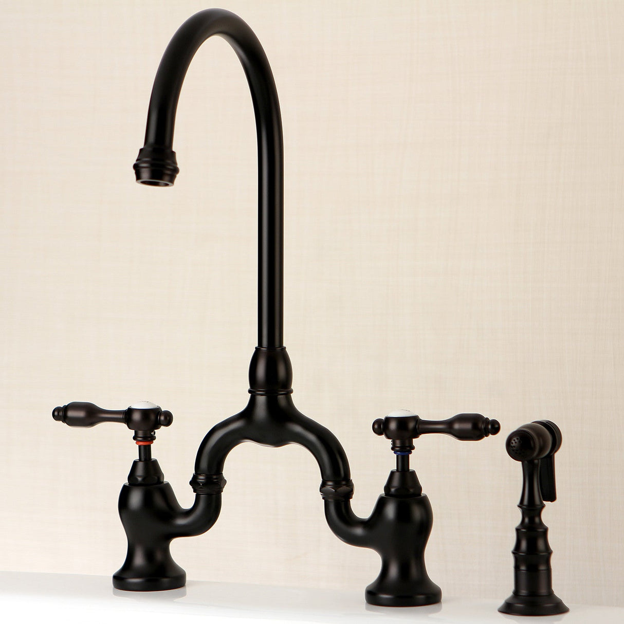 Tudor KS7795TALBS Two-Handle 3-Hole Deck Mount Bridge Kitchen Faucet with Brass Sprayer, Oil Rubbed Bronze