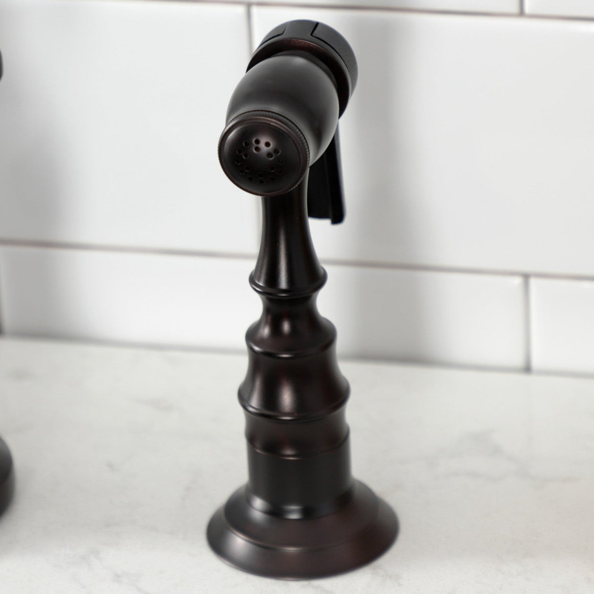 French Country KS7795TXBS Two-Handle 3-Hole Deck Mount Bridge Kitchen Faucet with Brass Sprayer, Oil Rubbed Bronze
