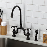 French Country KS7795TXBS Two-Handle 3-Hole Deck Mount Bridge Kitchen Faucet with Brass Sprayer, Oil Rubbed Bronze
